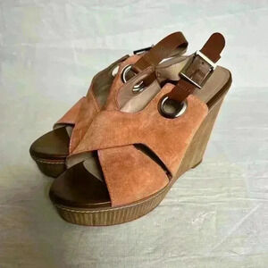 BCBG Generation Suede Coral Tan Chucky Wedge Sandals Penelope Sz 8.5